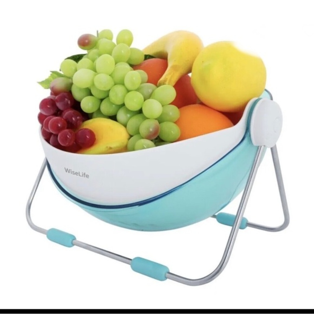 Blue All-in-one washing,‎ draining, storing Rotating Lid Fruit Bowl new